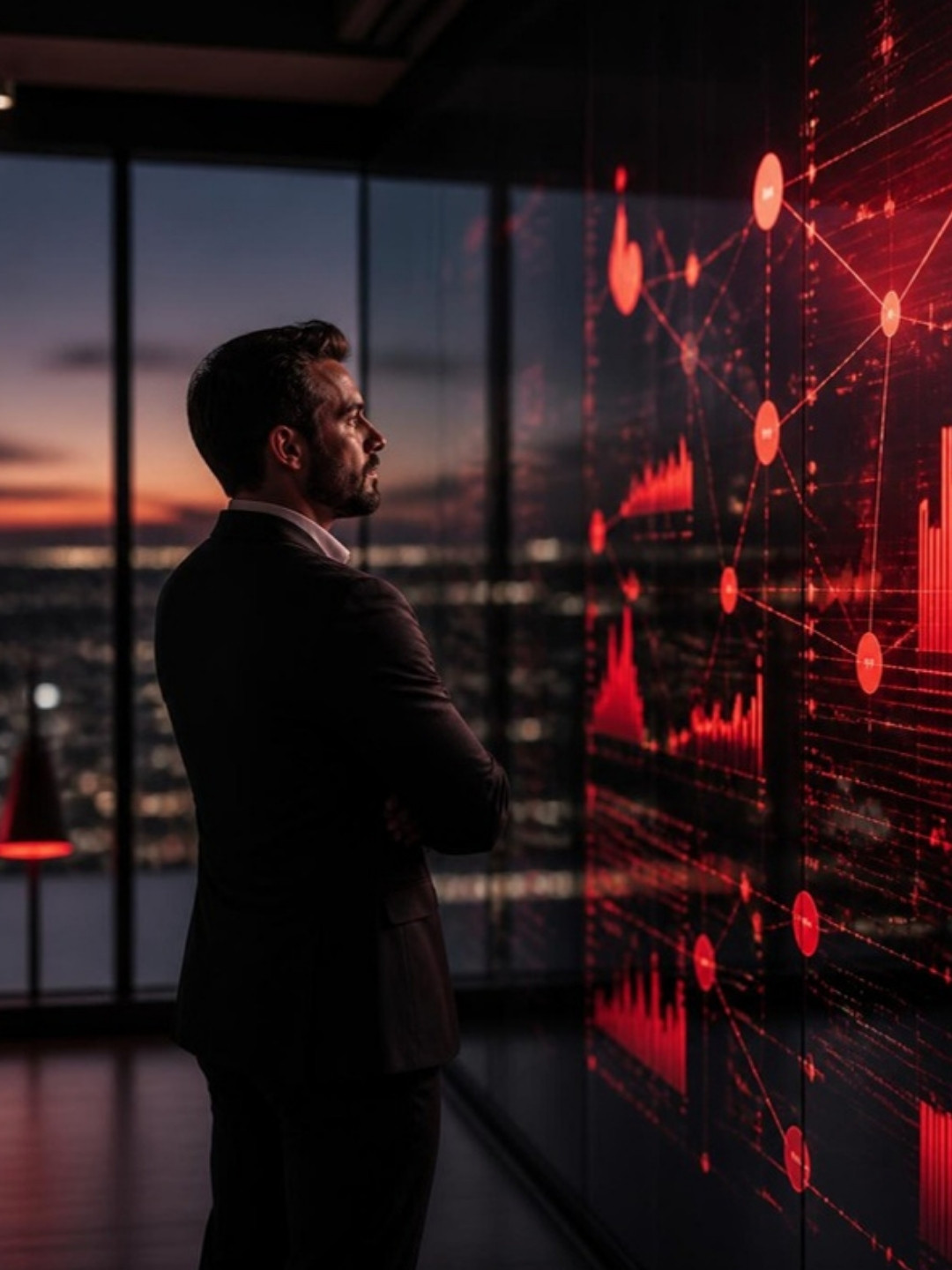 A professional reviewing glowing business data visualizations in a modern office at dusk